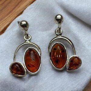 Baltic Amber & Sterling Silver Drop Earrings With Modern Design